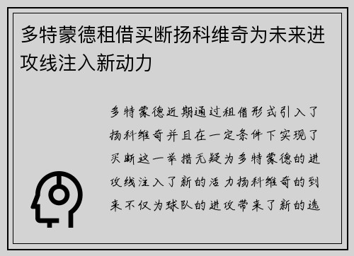 多特蒙德租借买断扬科维奇为未来进攻线注入新动力 多特蒙德租借买断扬科维奇为未来进攻线注入新动力